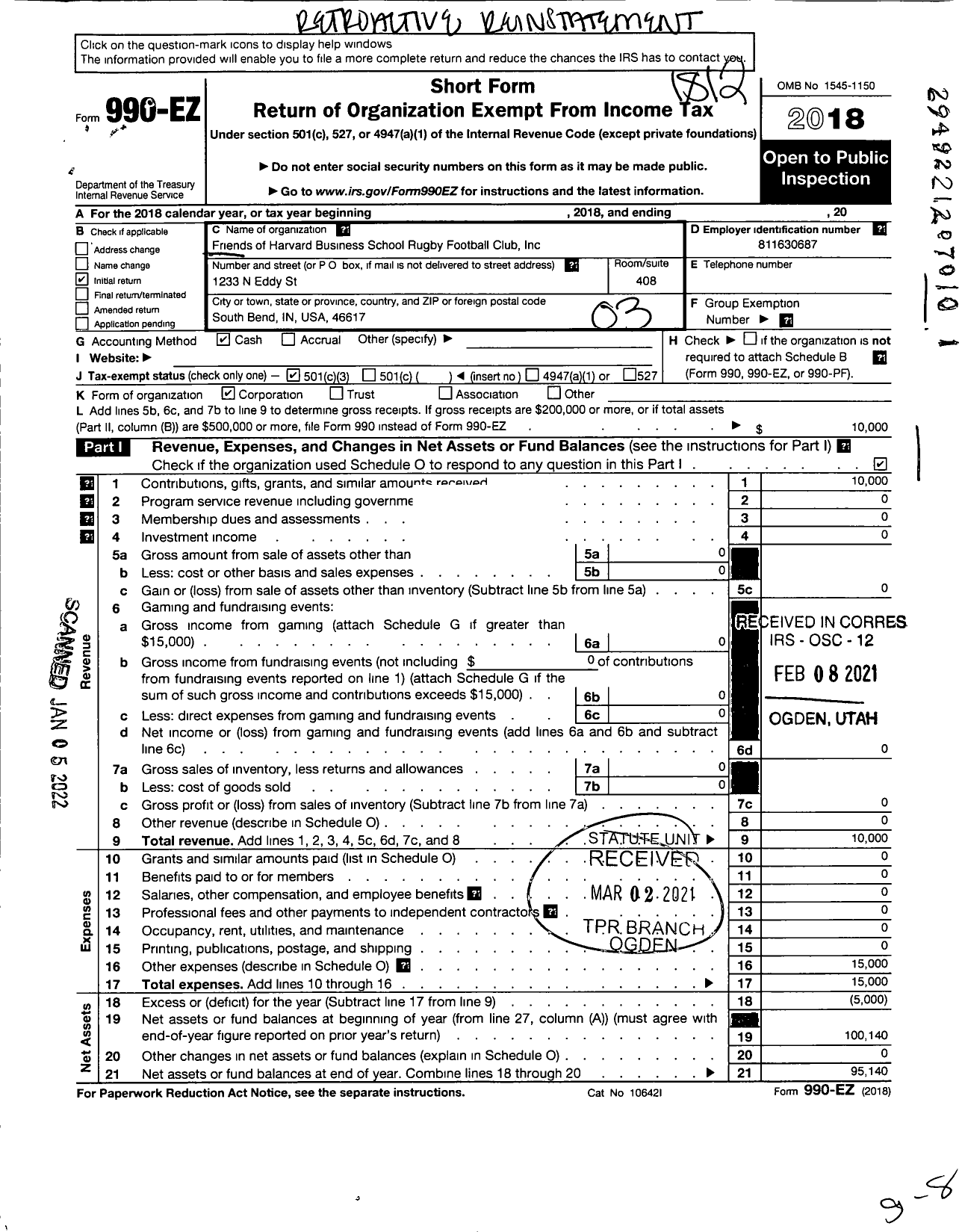 Image of first page of 2018 Form 990EZ for Friends of Harvard Business School Rugby Football Club