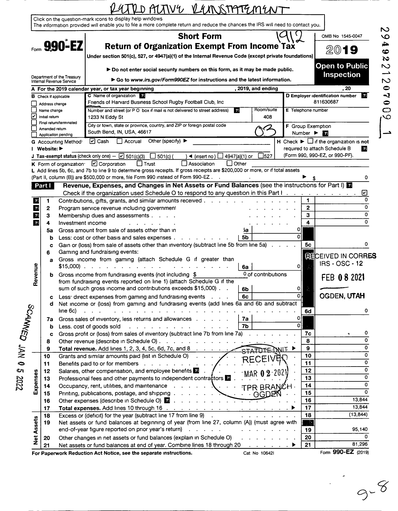 Image of first page of 2019 Form 990EZ for Friends of Harvard Business School Rugby Football Club