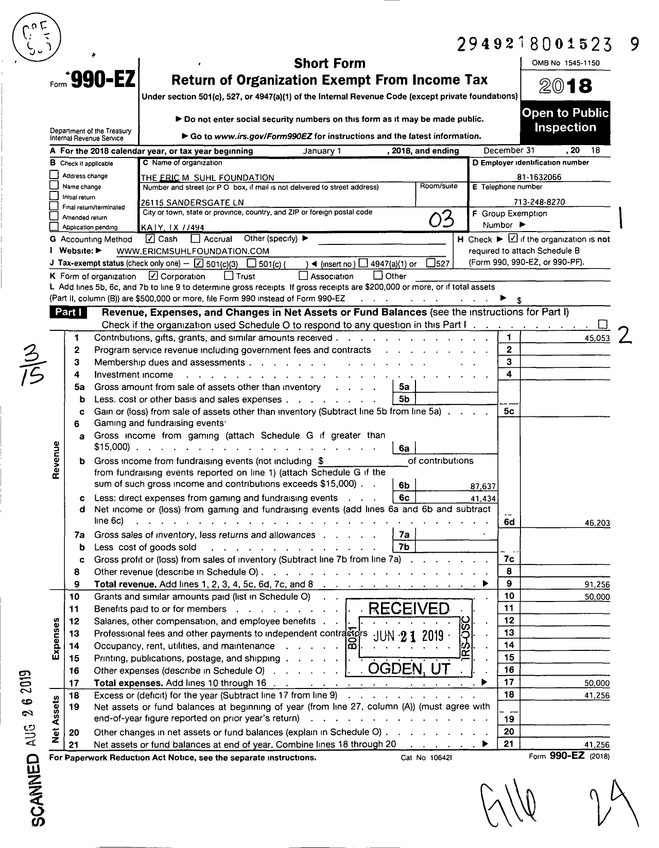 Image of first page of 2018 Form 990EZ for The Eric M Suhl Foundation