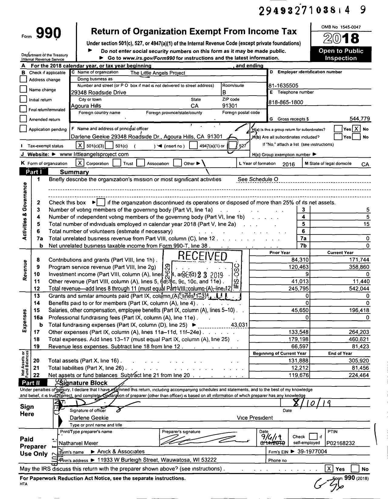 Image of first page of 2018 Form 990 for The Little Angels Project