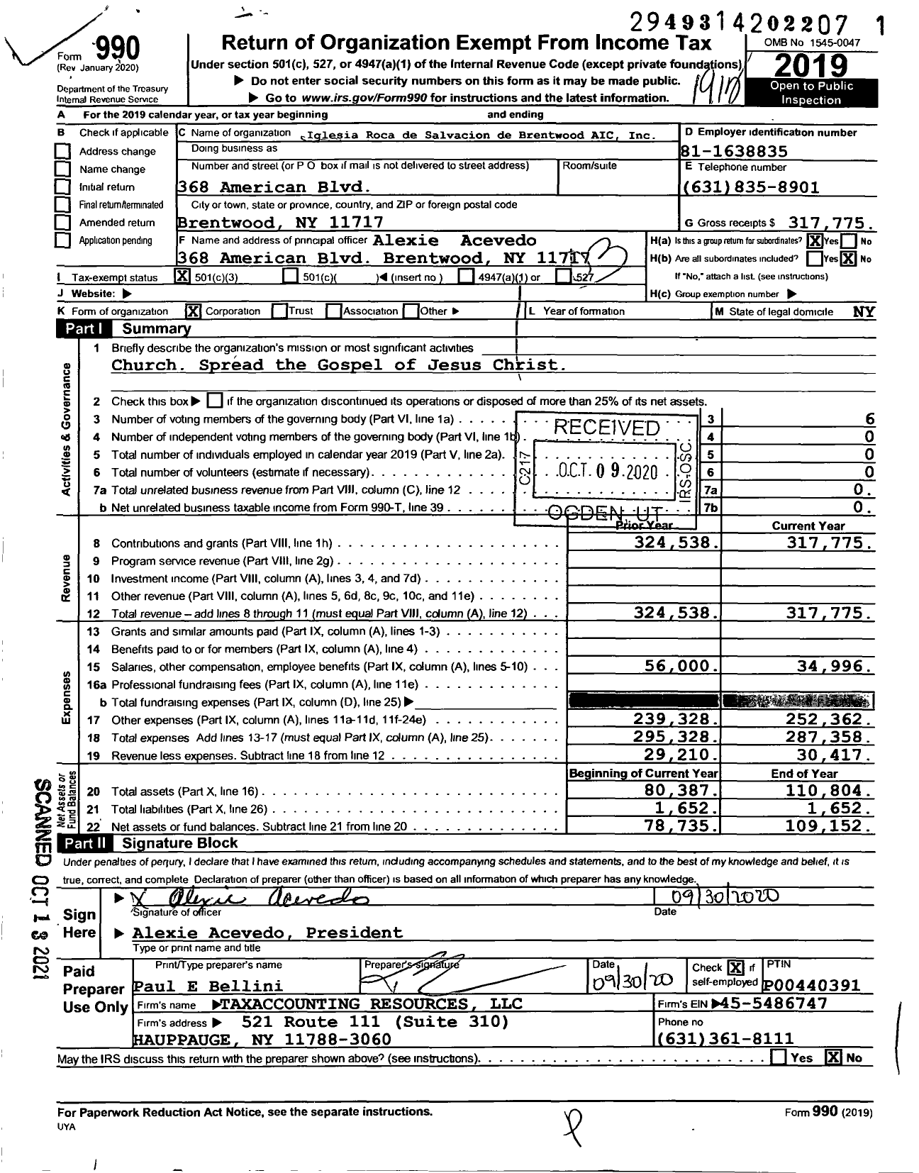 Image of first page of 2019 Form 990 for Iglesia Roca de Salvacion de Brentwood AIC