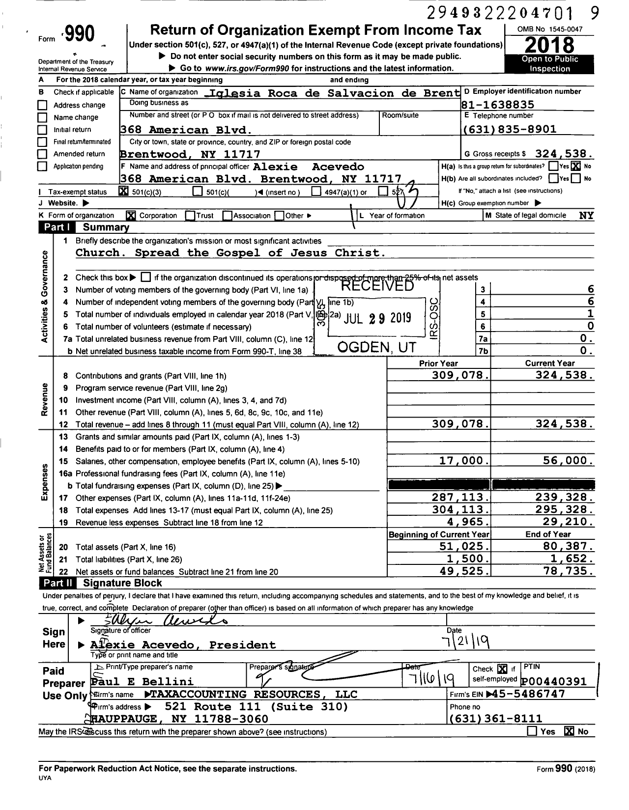 Image of first page of 2018 Form 990 for Iglesia Roca de Salvacion de Brentwood AIC