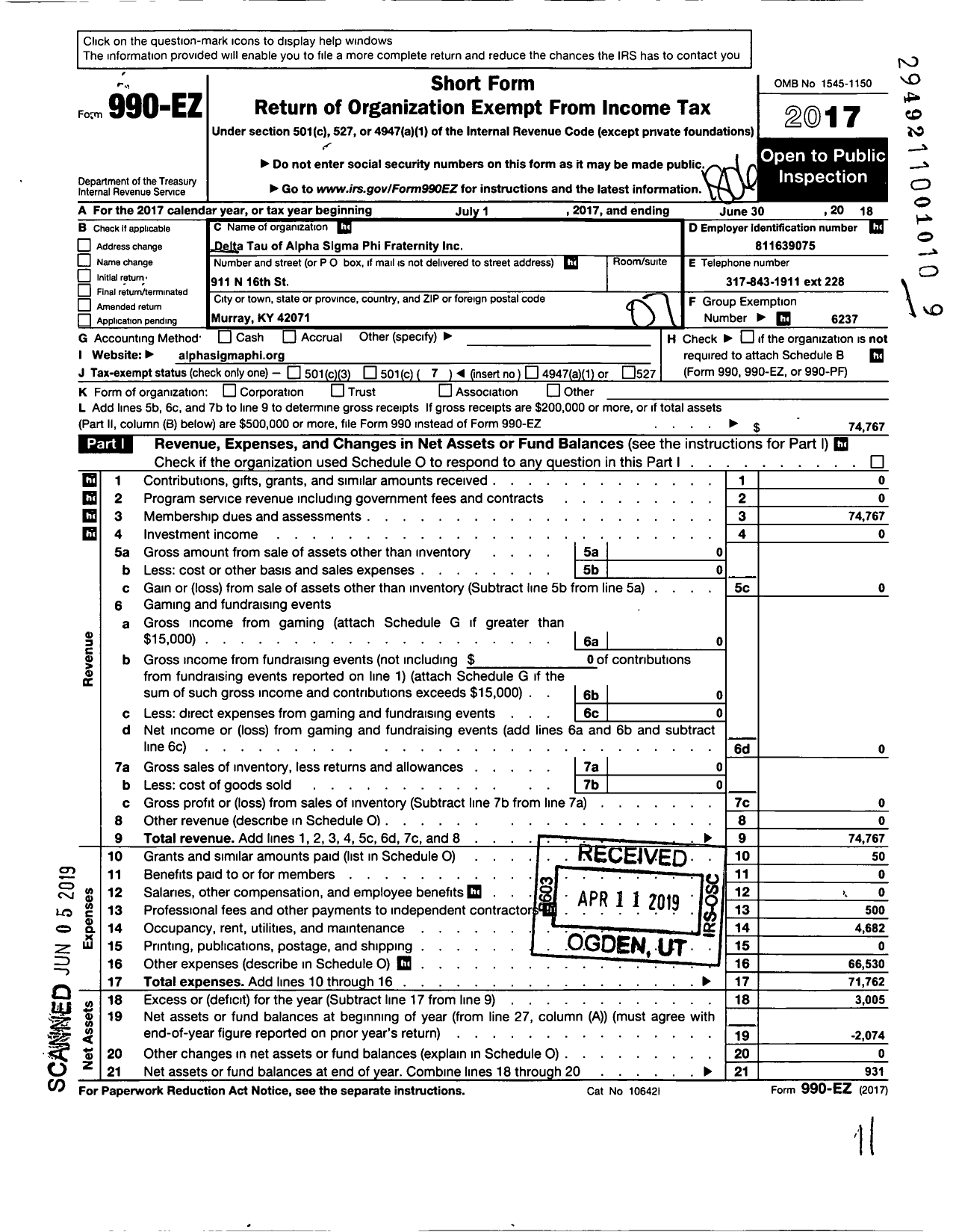 Image of first page of 2017 Form 990EO for Alpha Sigma Phi Fraternity Delta Tau Chapter