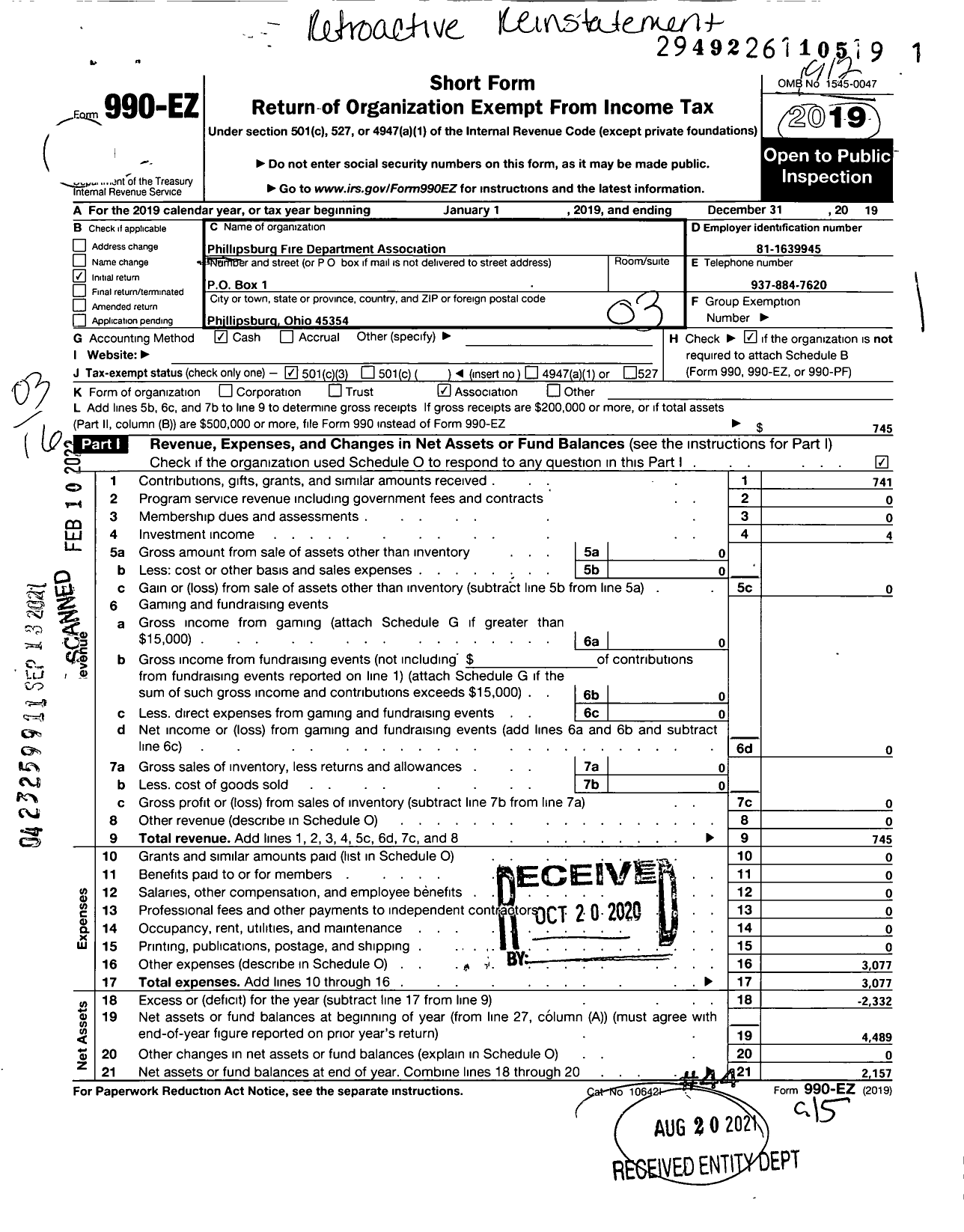 Image of first page of 2019 Form 990EZ for Phillipsburg Fire Department Association