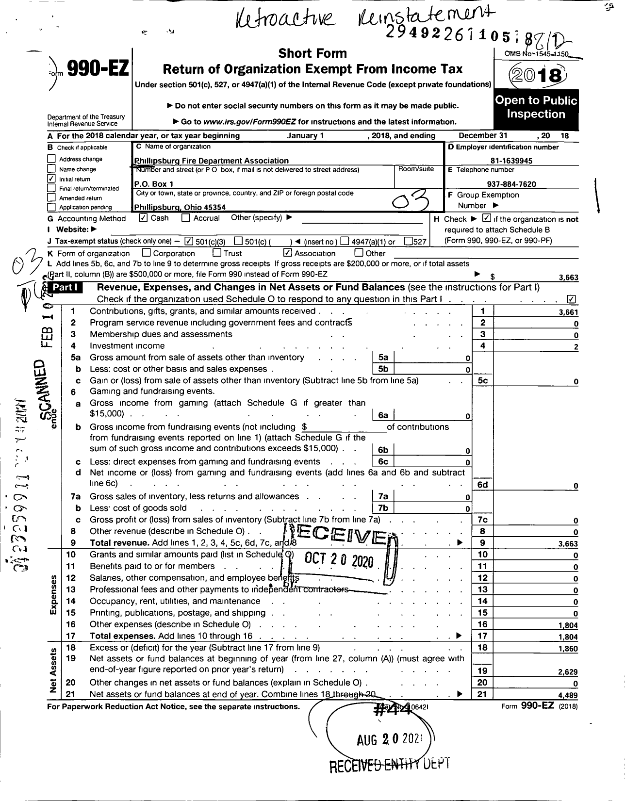 Image of first page of 2018 Form 990EZ for Phillipsburg Fire Department Association