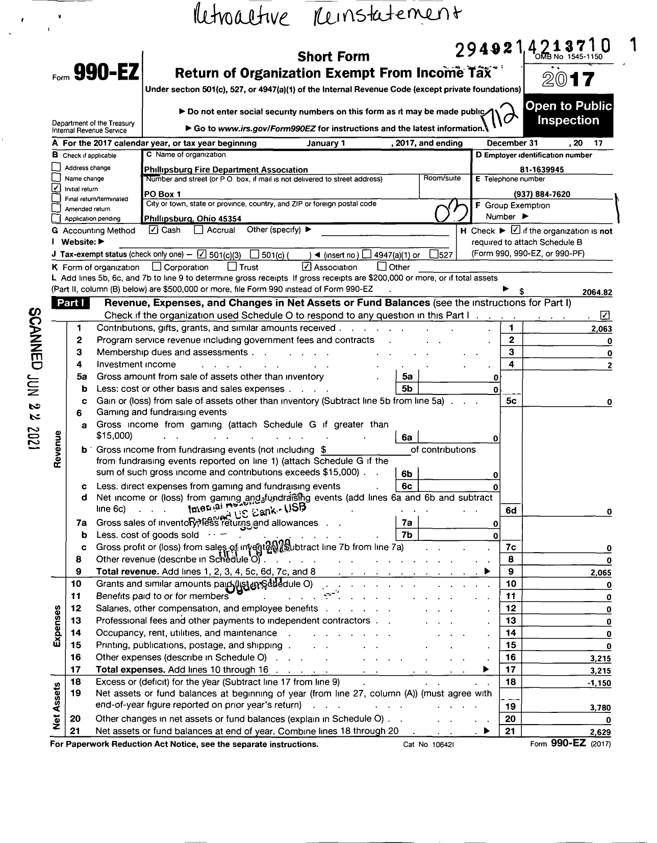 Image of first page of 2017 Form 990EZ for Phillipsburg Fire Department Association