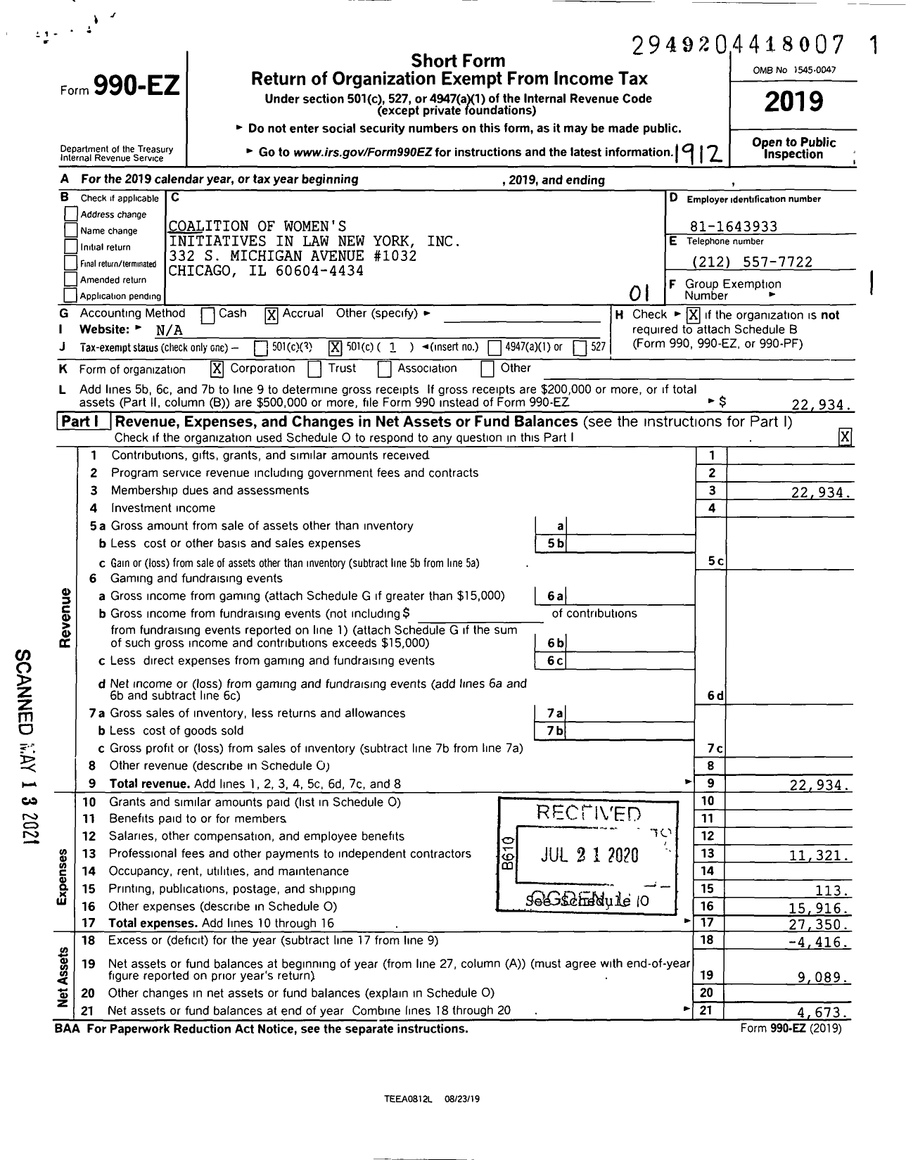 Image of first page of 2019 Form 990EO for Coalition of Womens Initiatives in Law New York