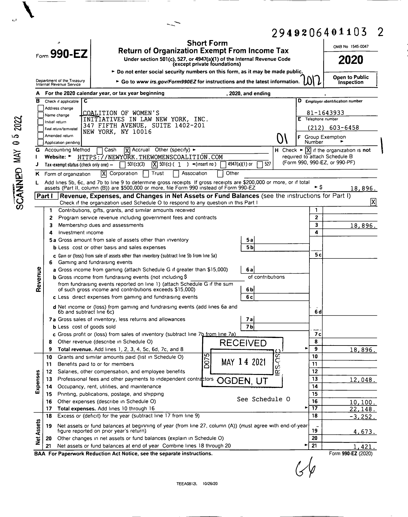 Image of first page of 2020 Form 990EO for Coalition of Womens Initiatives in Law New York