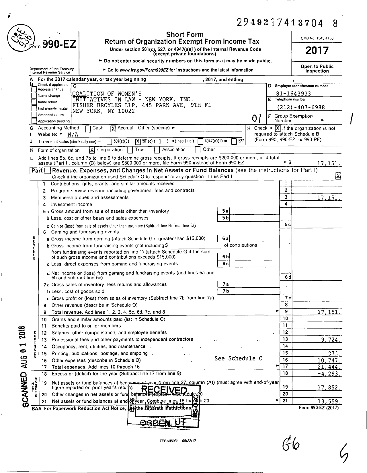 Image of first page of 2017 Form 990EO for Coalition of Womens Initiatives in Law New York