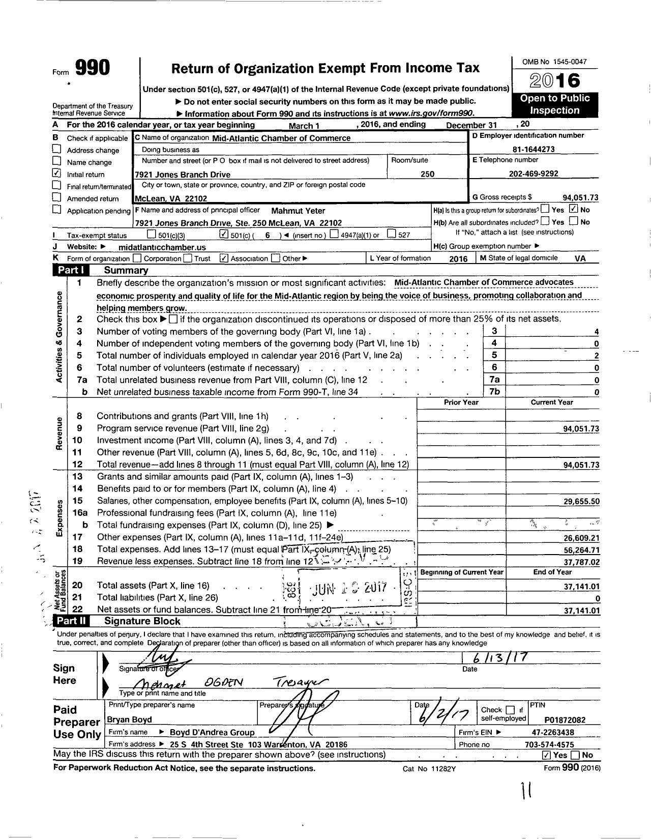 Image of first page of 2016 Form 990O for Mid-Atlantic Chamber of Commerce