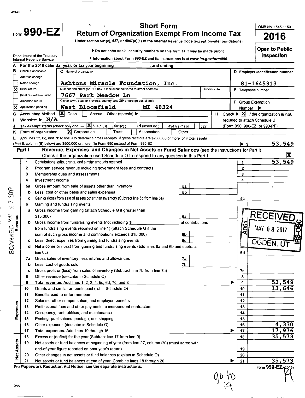 Image of first page of 2016 Form 990EZ for Ashtons Miracle Foundation