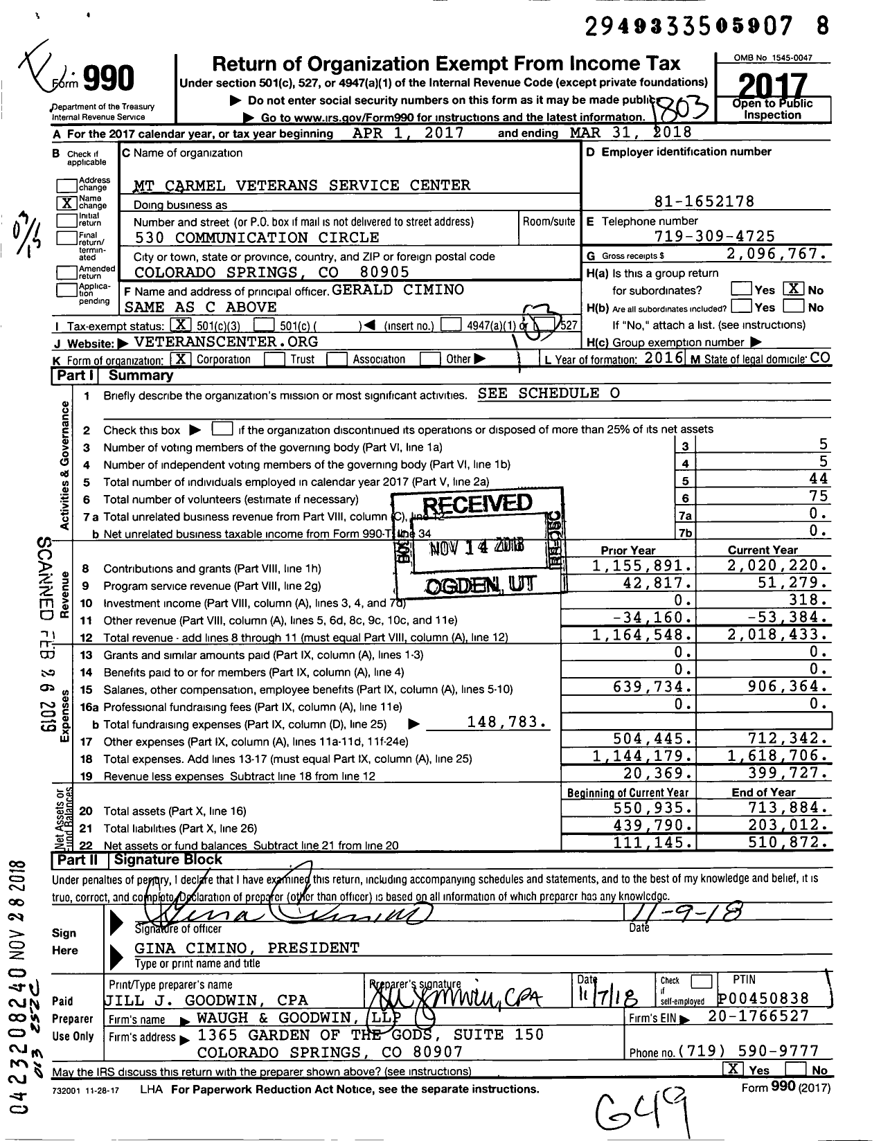 Image of first page of 2017 Form 990 for MT Carmel Veterans Service Center