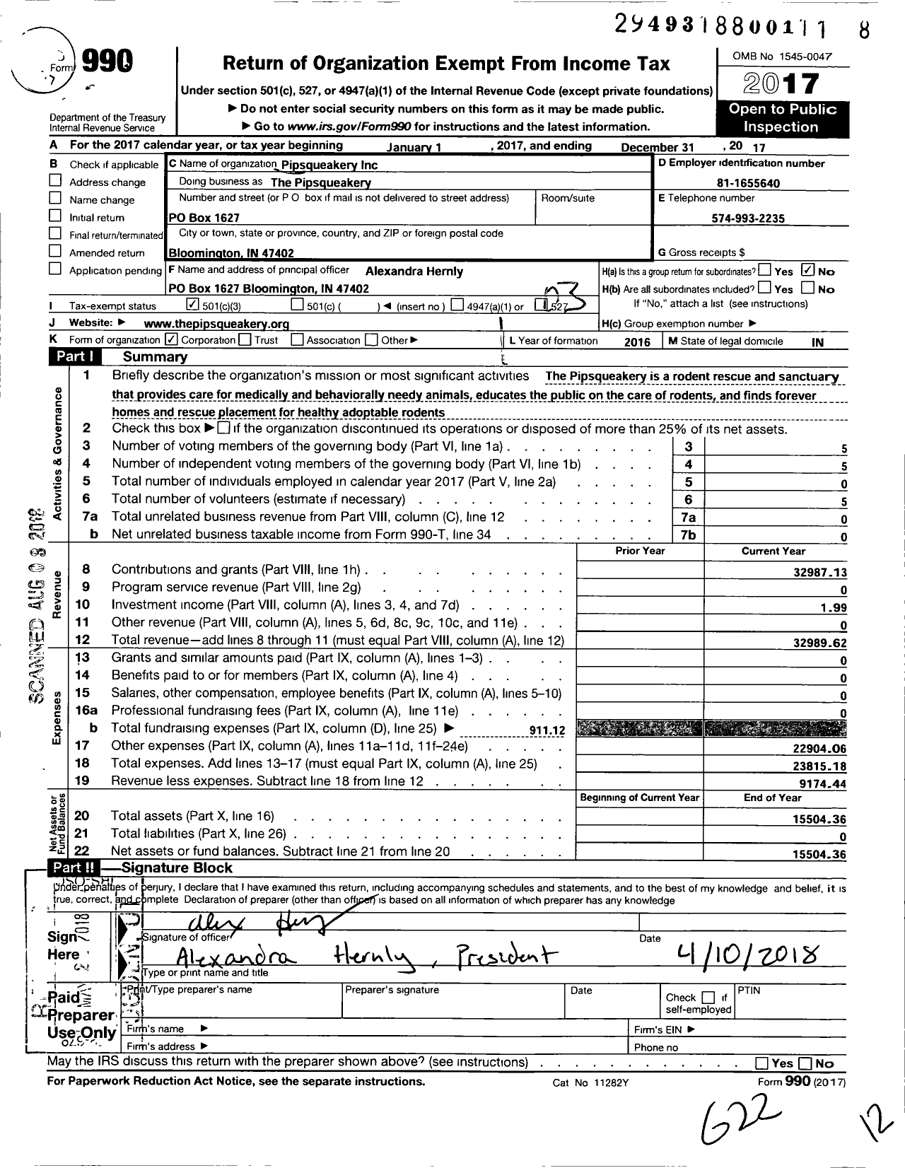 Image of first page of 2017 Form 990 for The Pipsqueakery