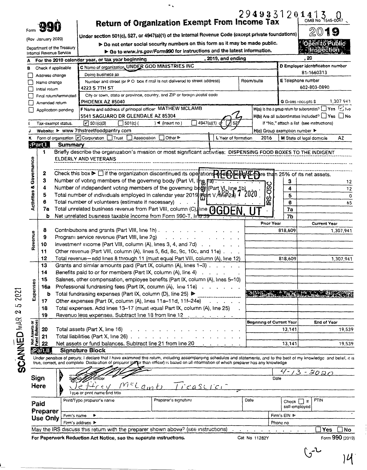 Image of first page of 2019 Form 990 for Under God Ministries