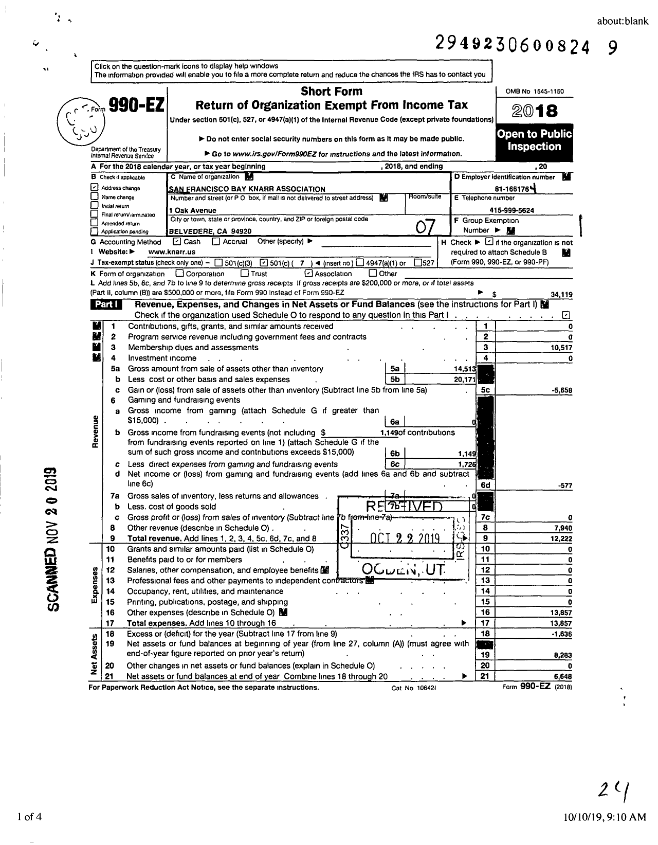 Image of first page of 2018 Form 990EO for San Francisco Bay Knarr Association