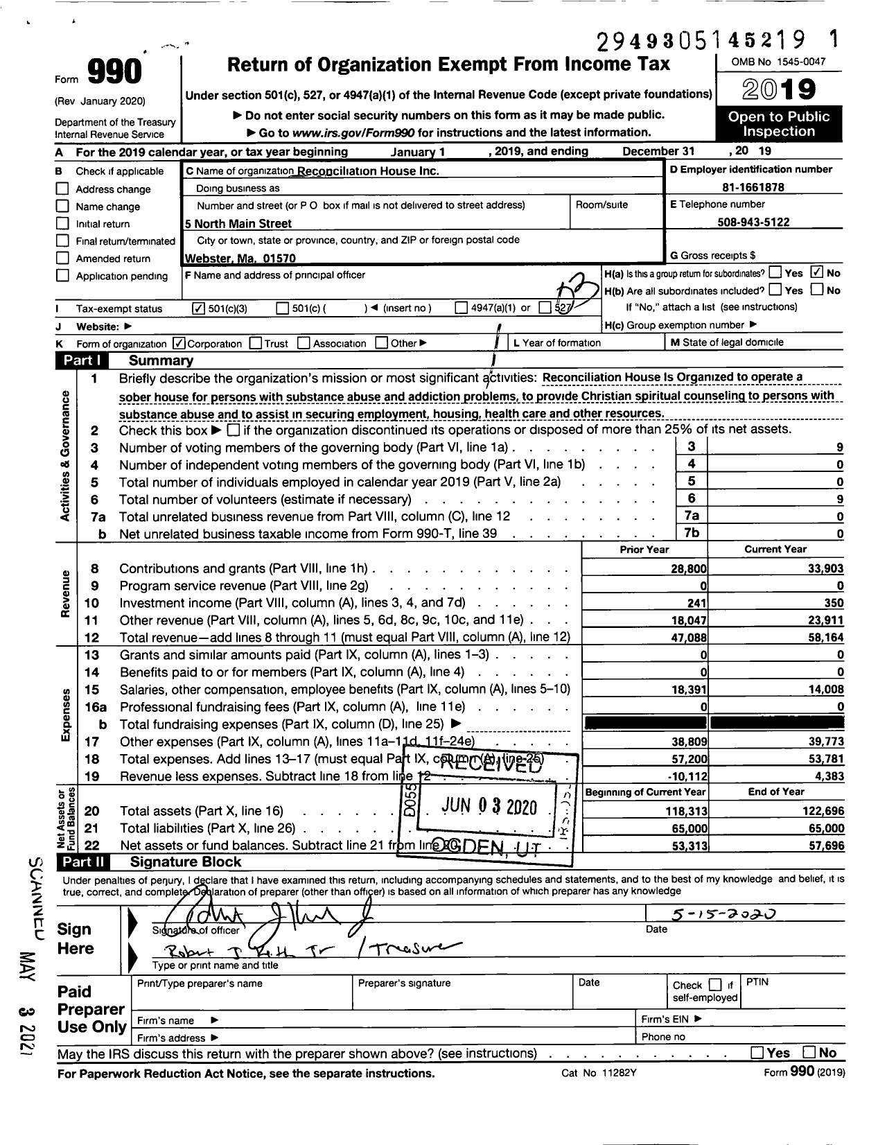 Image of first page of 2019 Form 990 for Reconciliation House