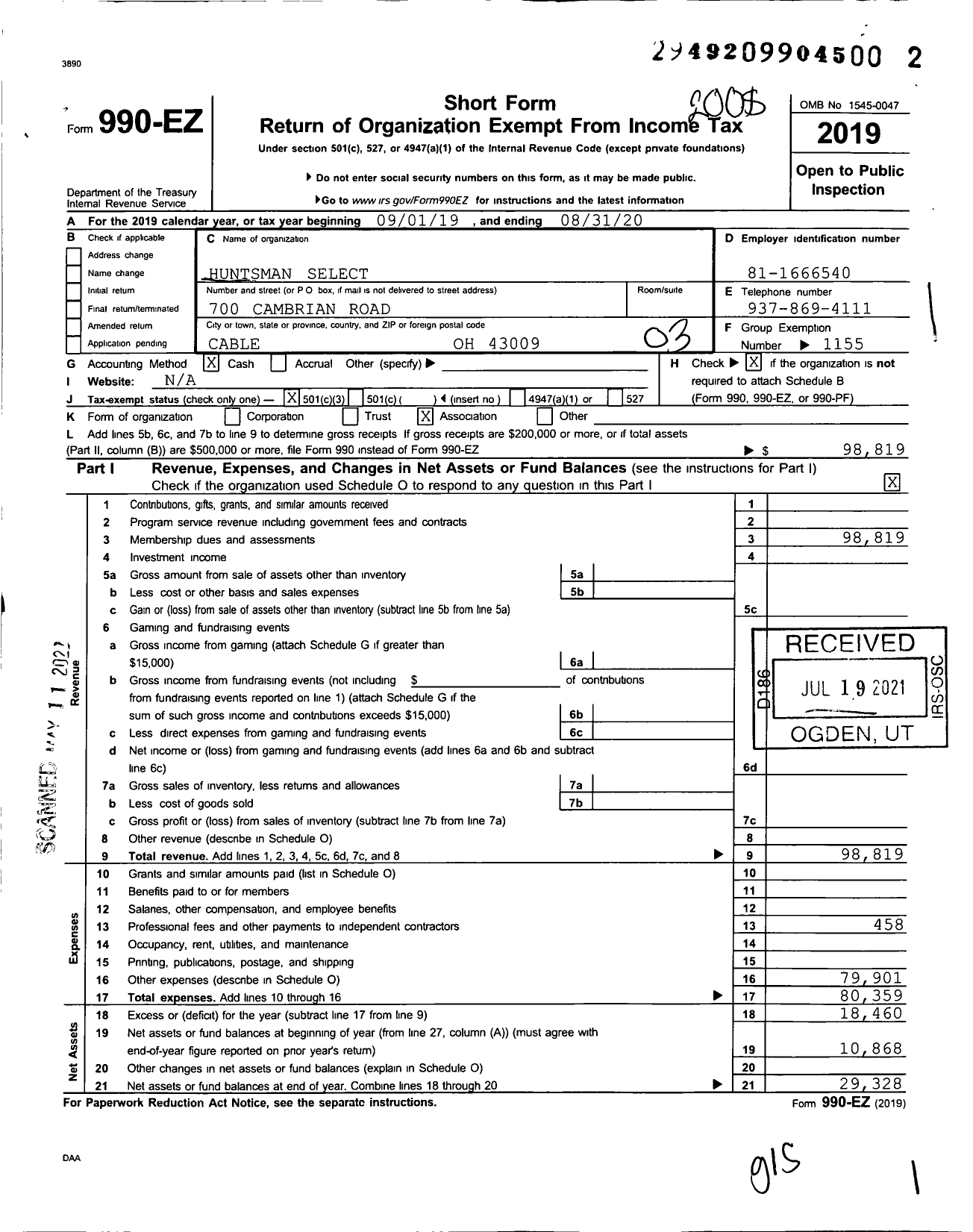 Image of first page of 2019 Form 990EZ for Huntsman Select