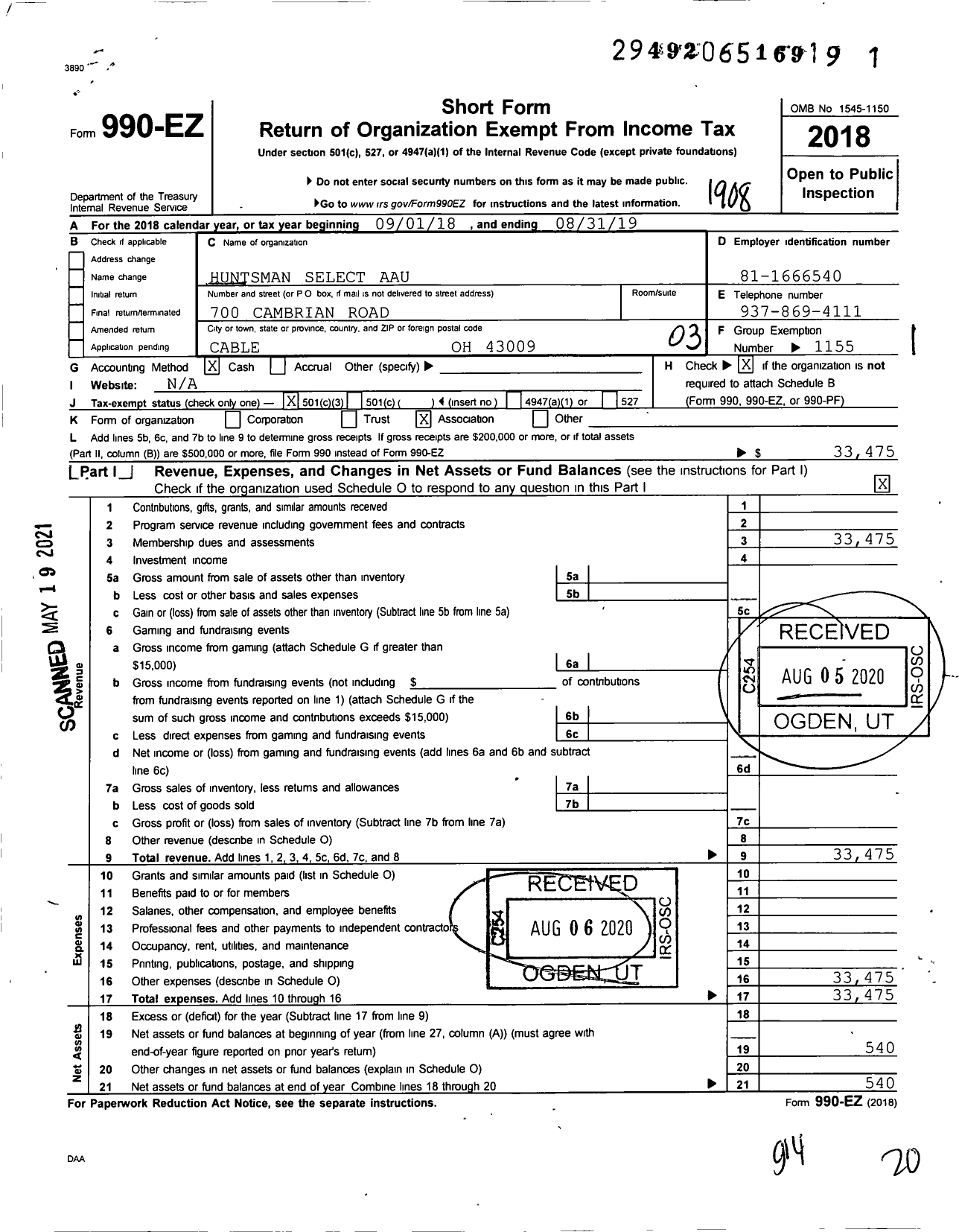 Image of first page of 2018 Form 990EZ for Huntsman Select