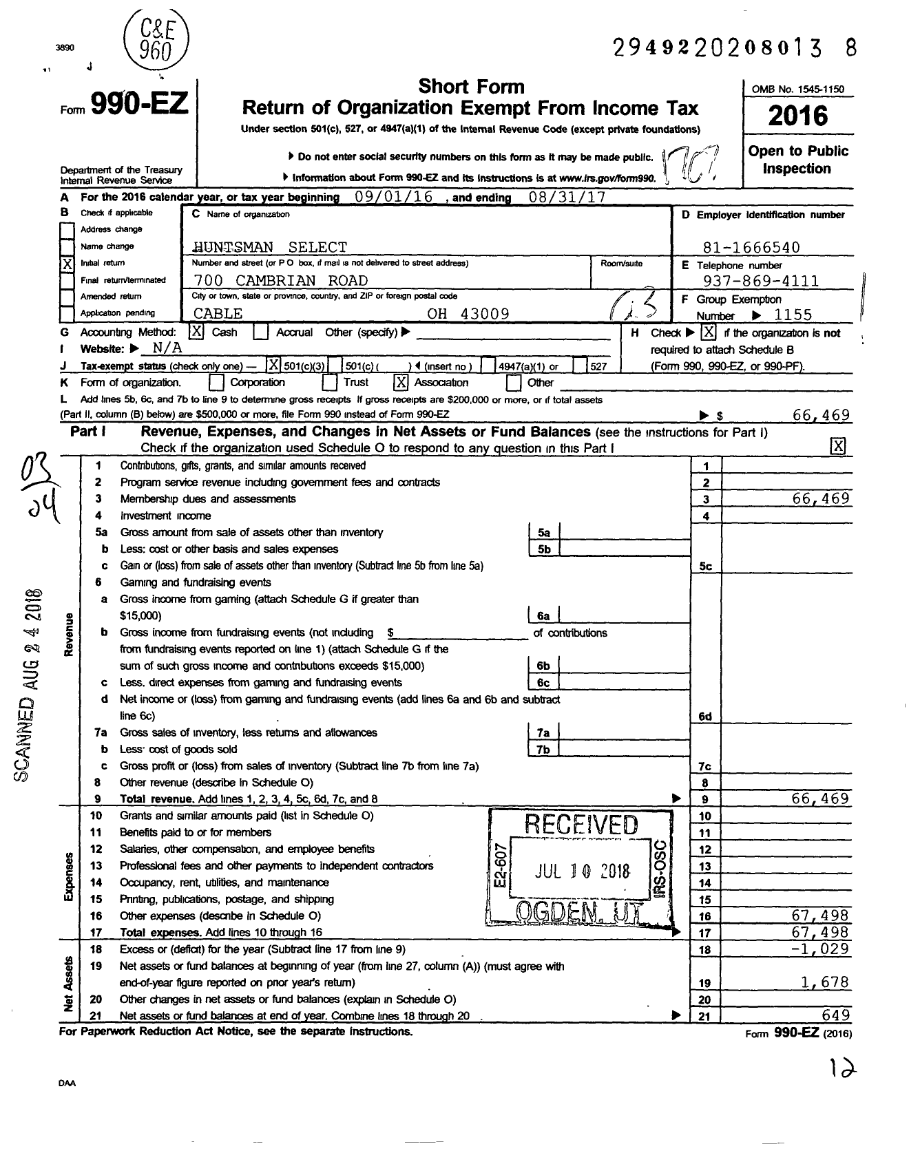 Image of first page of 2016 Form 990EZ for Huntsman Select