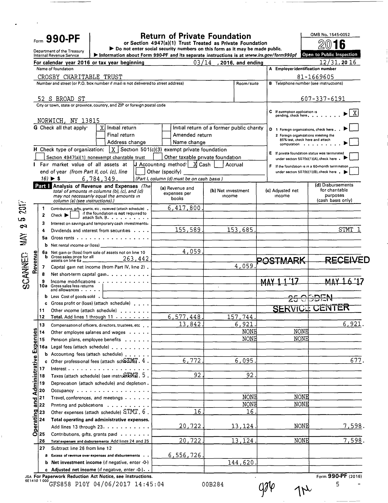 Image of first page of 2016 Form 990PF for Crosby Charitable Trust