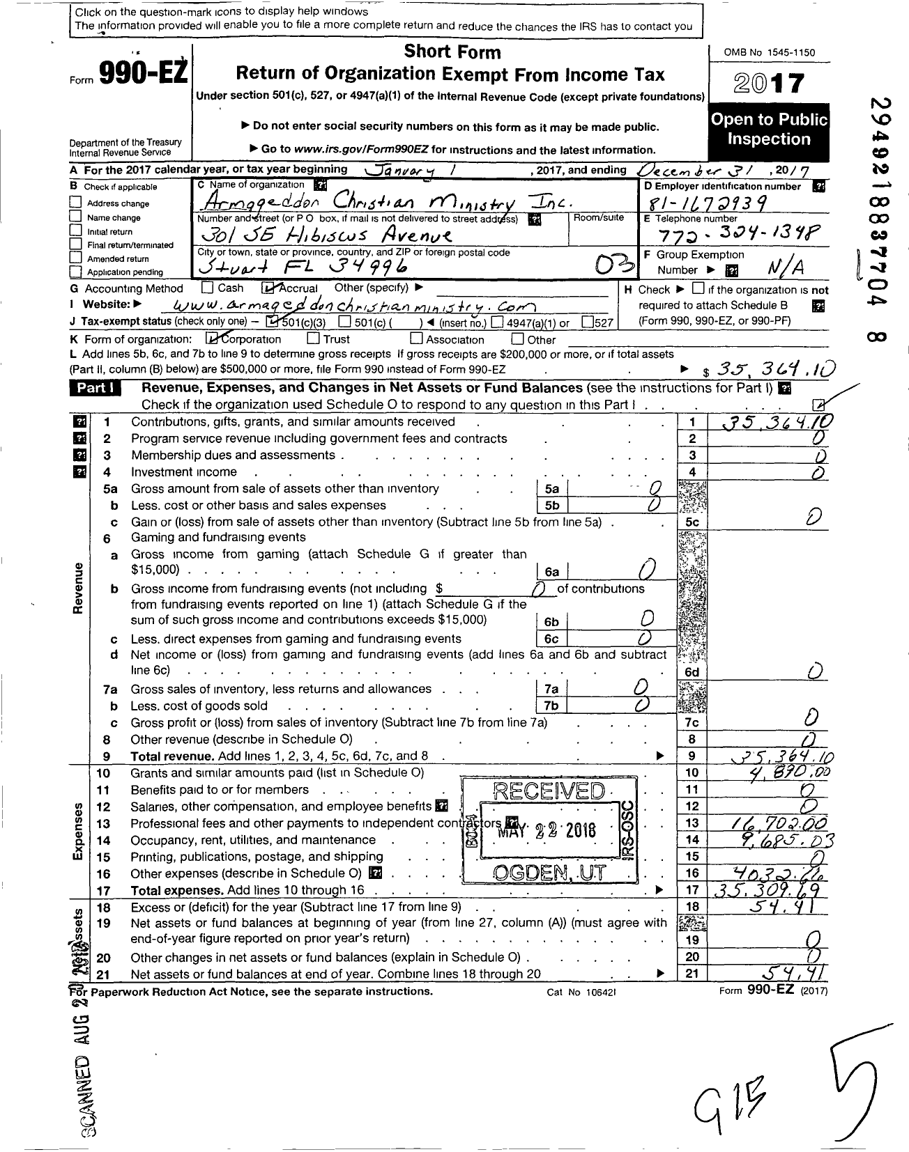 Image of first page of 2017 Form 990EZ for Armageddon Christian Ministry