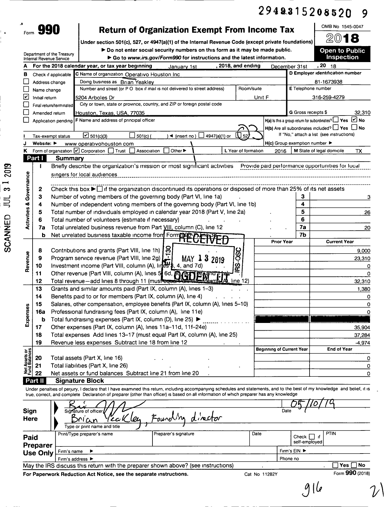 Image of first page of 2018 Form 990 for Operativo Houston