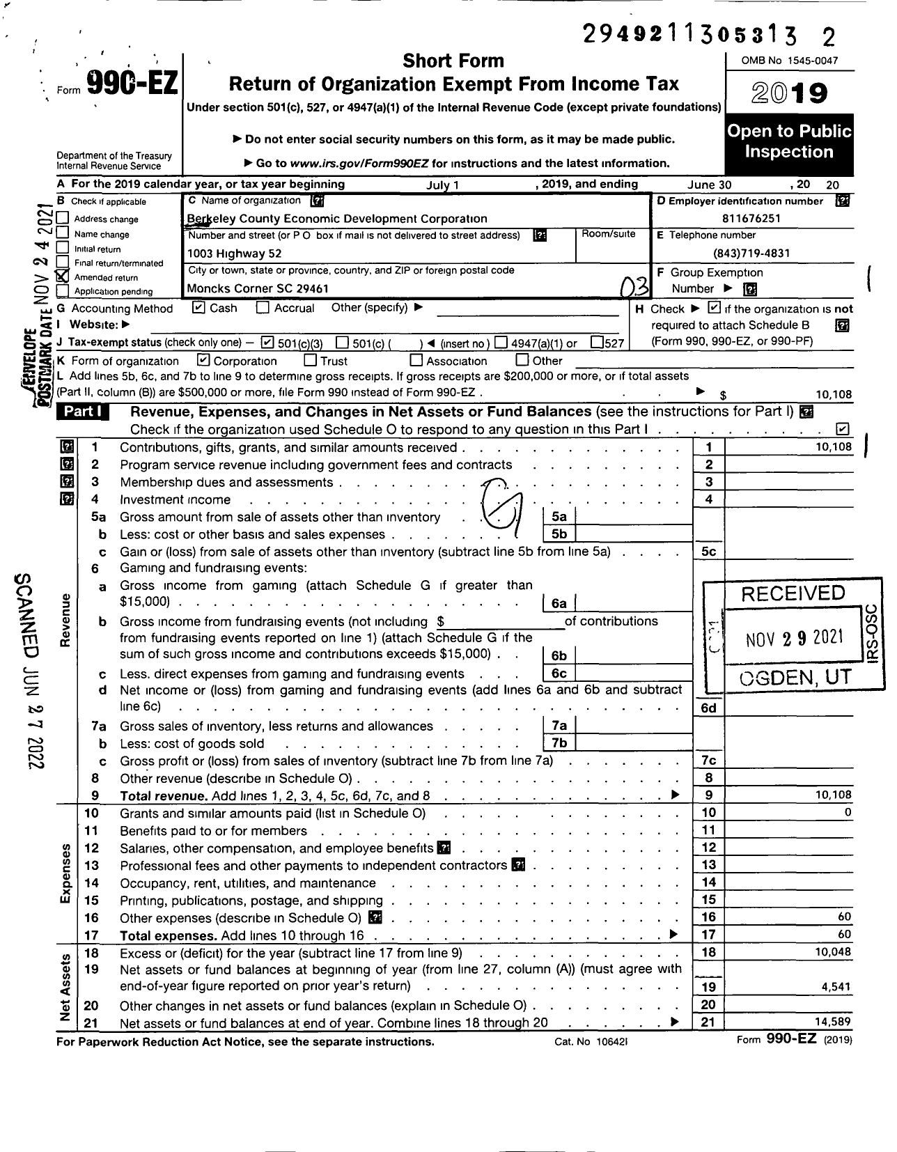 Image of first page of 2019 Form 990EZ for Berkeley County Economic Development Corporation