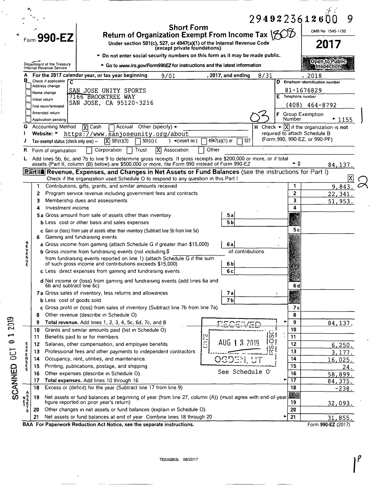 Image of first page of 2017 Form 990EZ for Amateur Athletic Union - San Jose Unity Sports