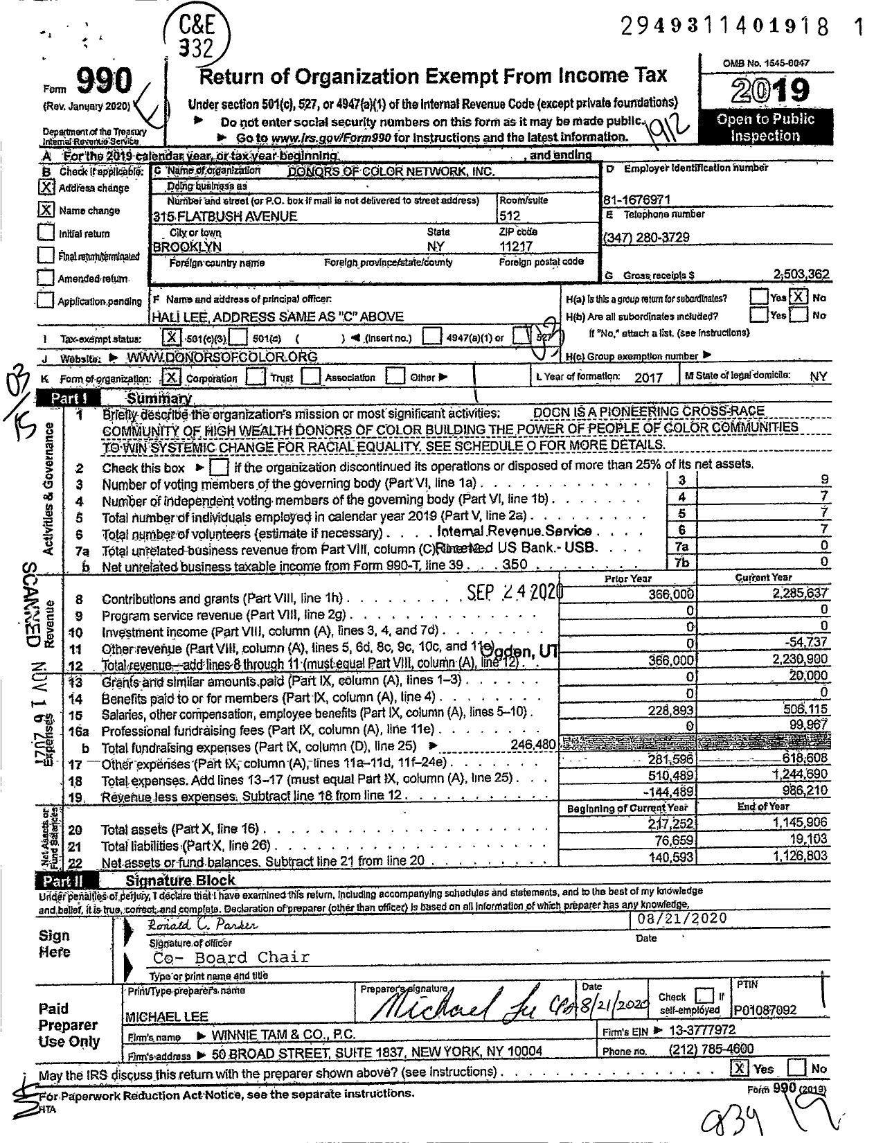 Image of first page of 2019 Form 990 for Donors of Color Network