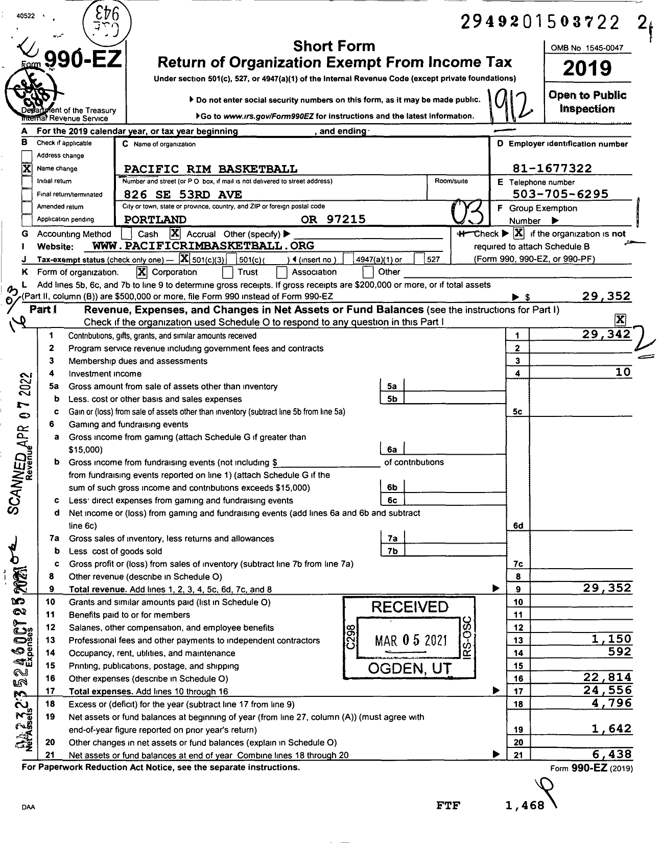 Image of first page of 2019 Form 990EZ for Pacific Rim Basketball