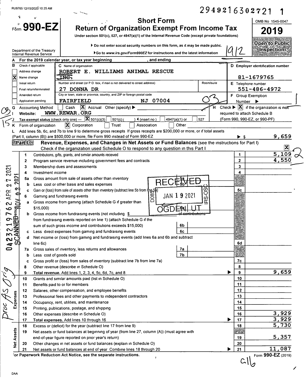 Image of first page of 2019 Form 990EZ for Robert E Williams Animal Rescue