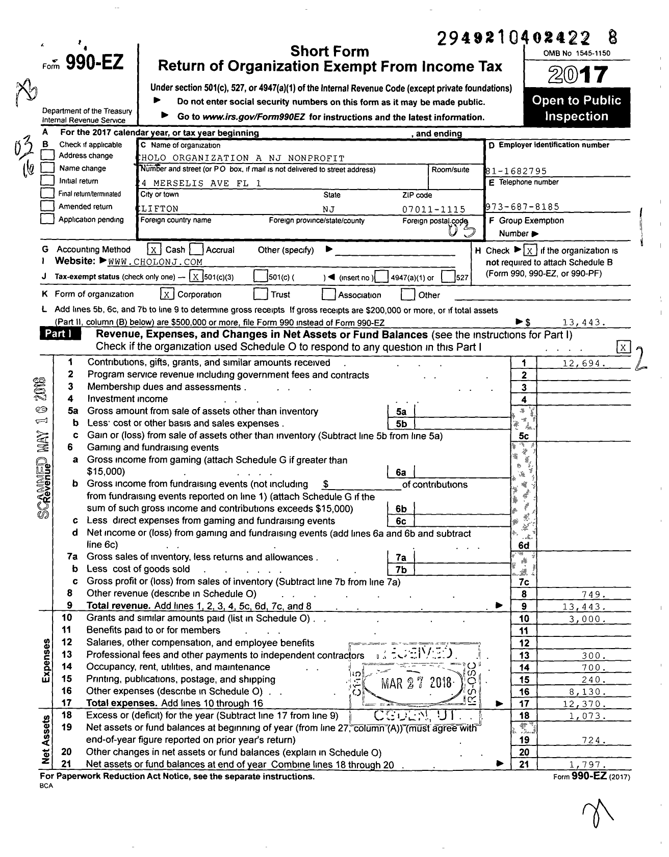 Image of first page of 2017 Form 990EZ for Cholo Organization A NJ Nonprofit