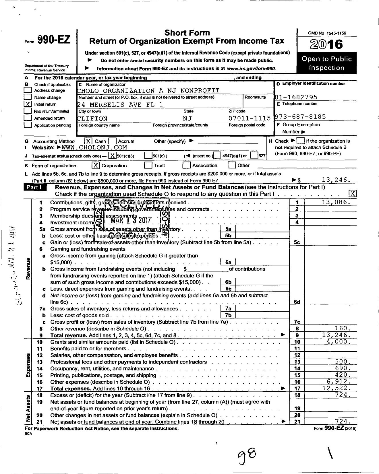 Image of first page of 2016 Form 990EZ for Cholo Organization A NJ Nonprofit