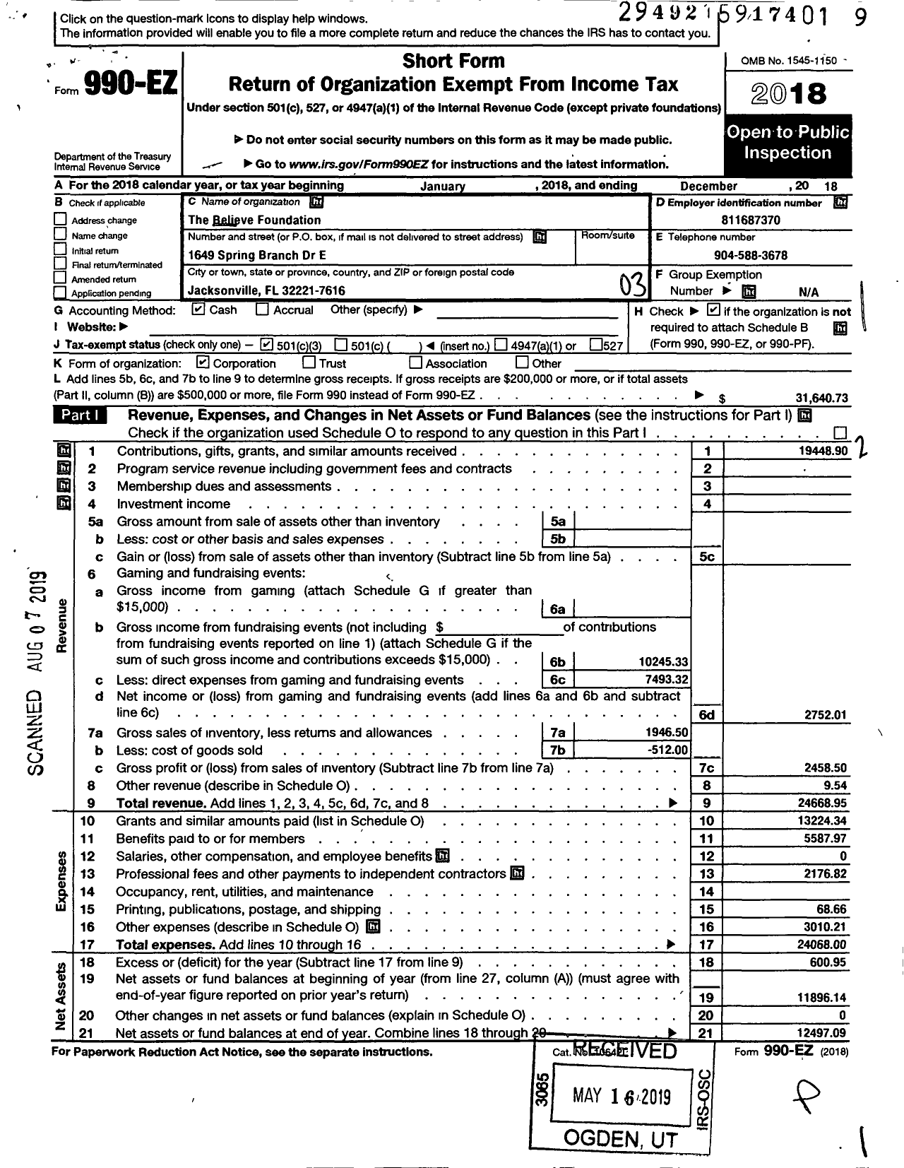 Image of first page of 2018 Form 990EZ for Believe Foundation