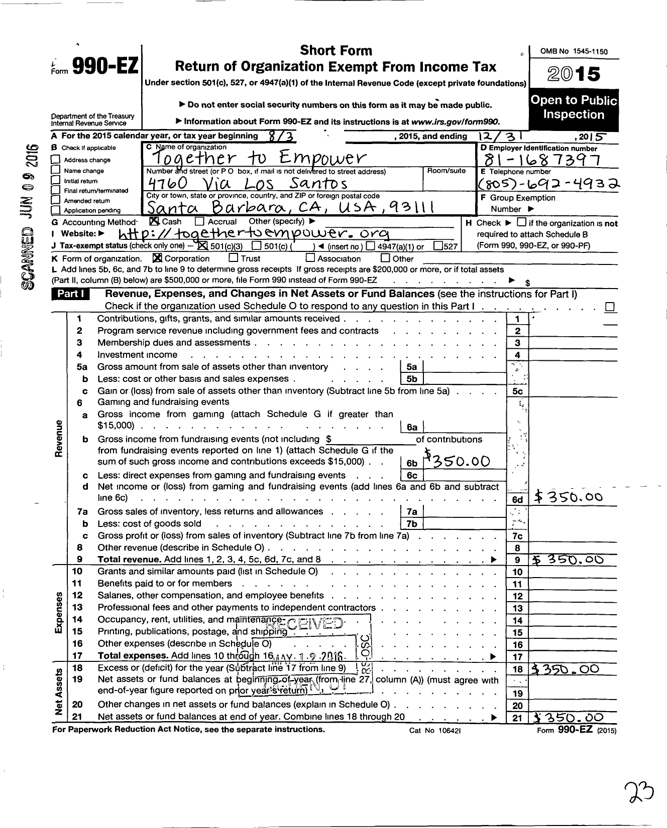 Image of first page of 2015 Form 990EZ for Together To Empower