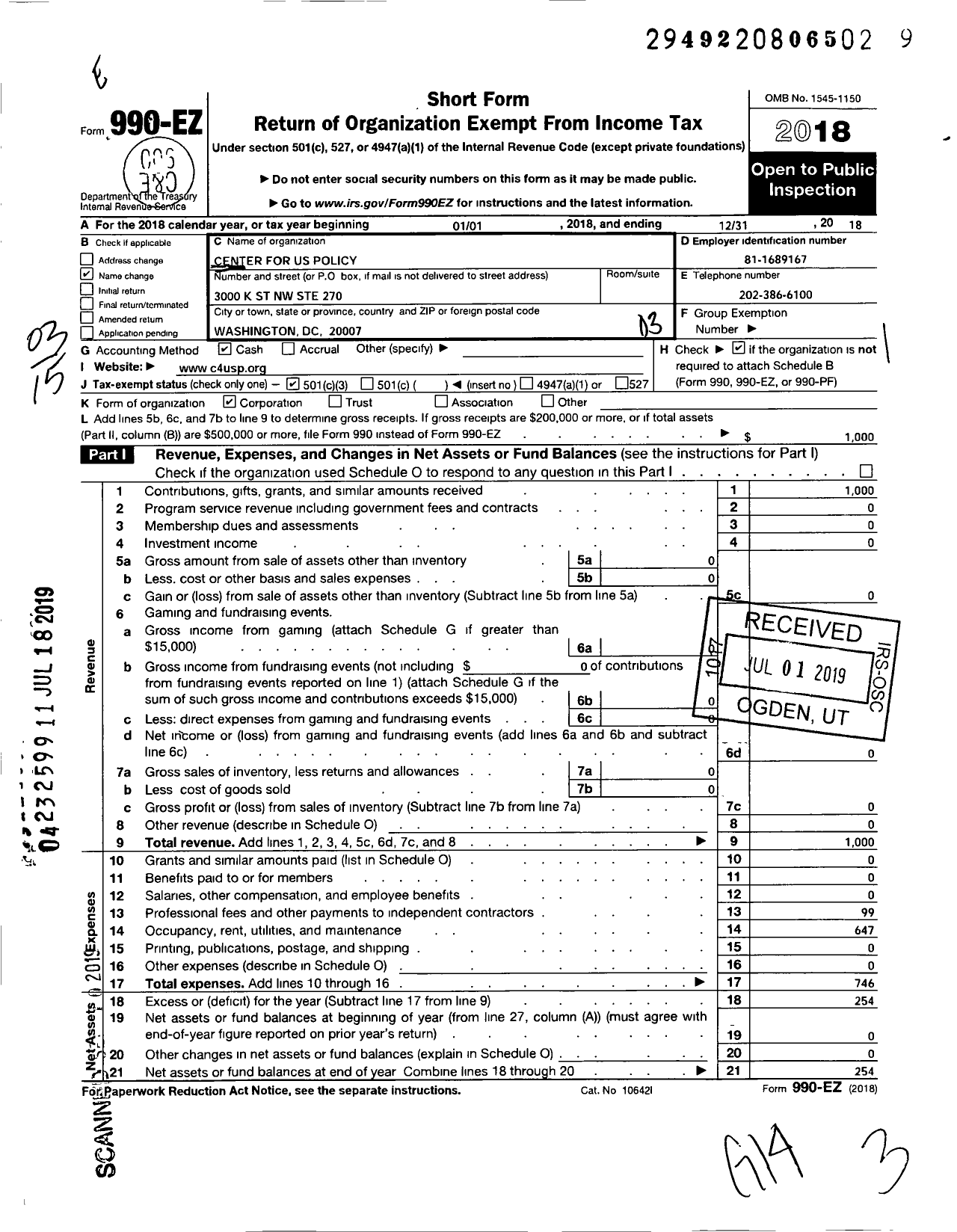Image of first page of 2018 Form 990EZ for Center for Us Policy