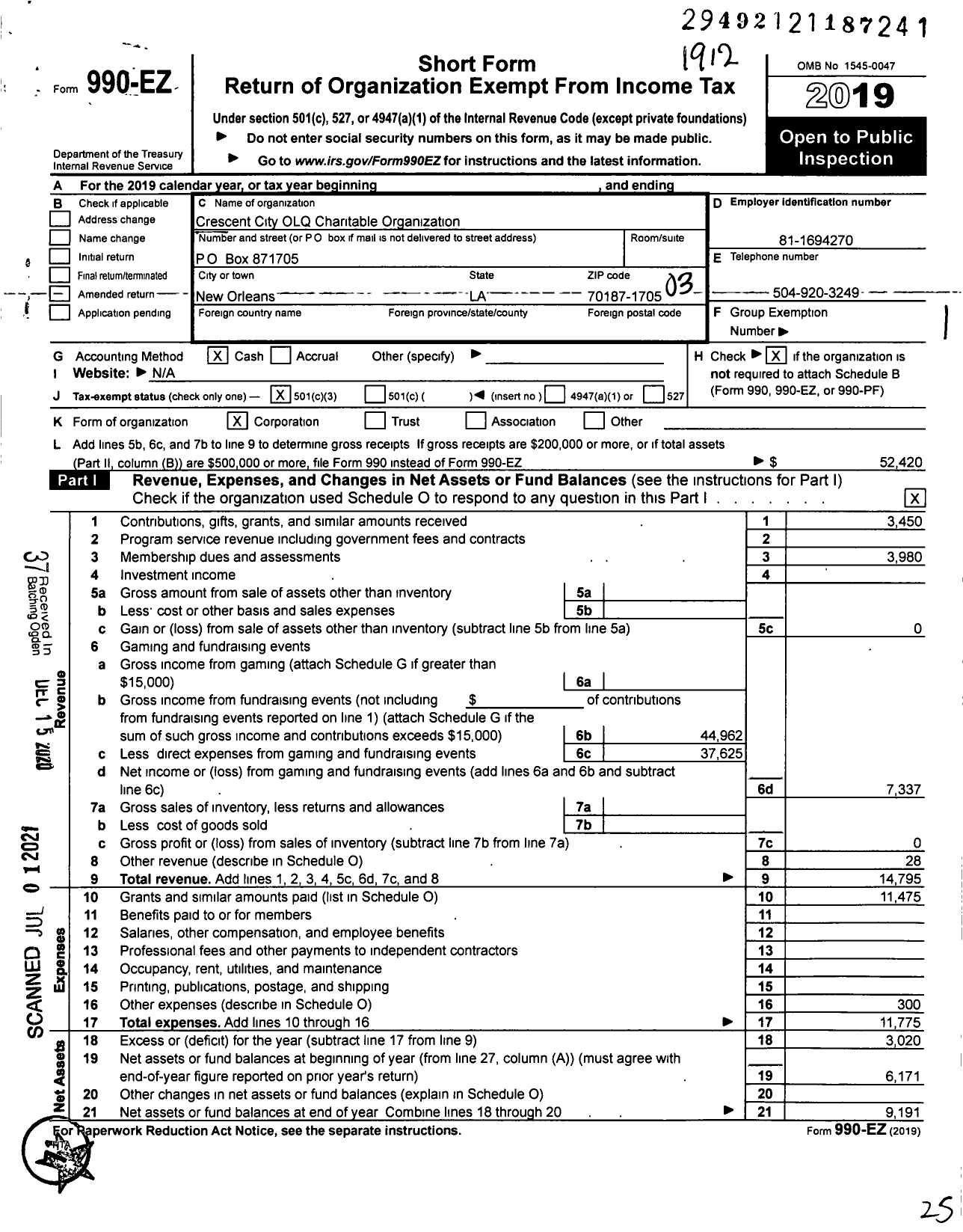 Image of first page of 2019 Form 990EZ for Crescent City OLQ Charitable Organization