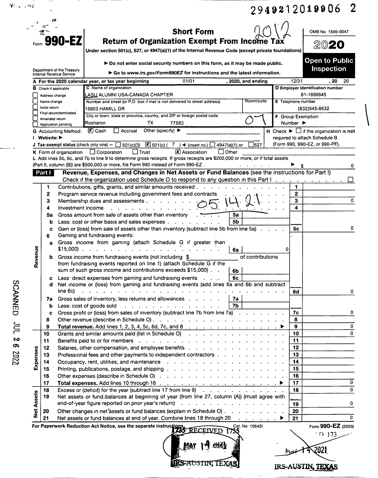 Image of first page of 2020 Form 990EO for Lasu Alumni Usa-Canada Chapter