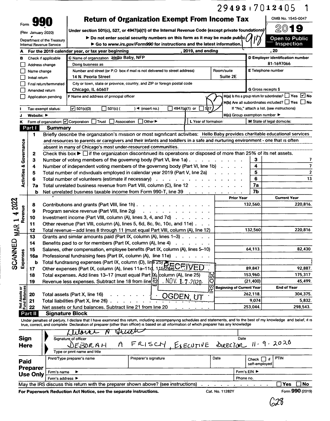 Image of first page of 2019 Form 990 for Hello Baby NFP