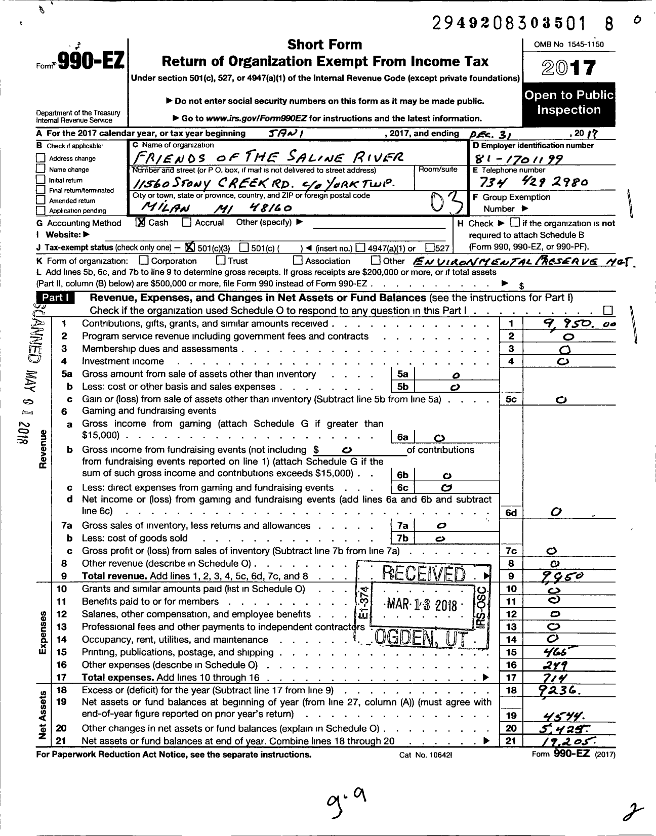 Image of first page of 2017 Form 990EZ for Friends of the Saline River