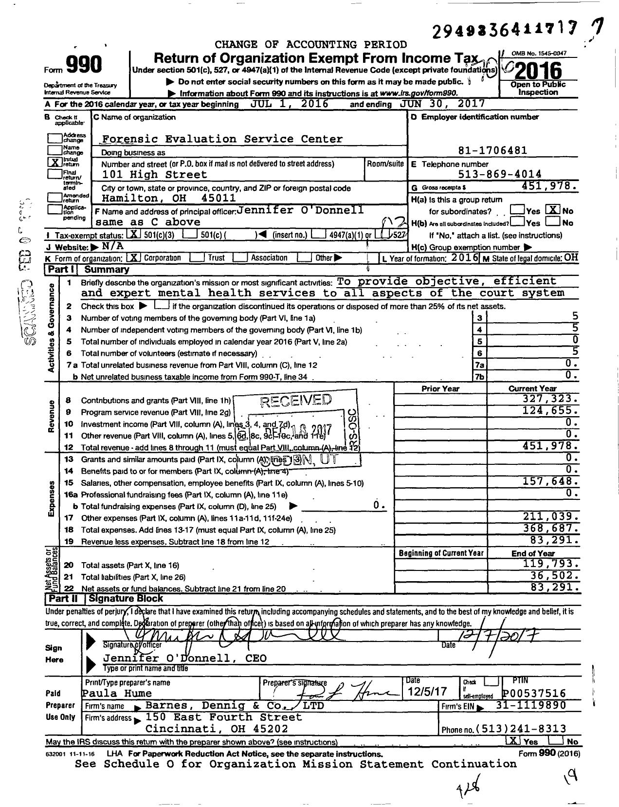 Image of first page of 2016 Form 990 for Forensic Evaluation Service Center