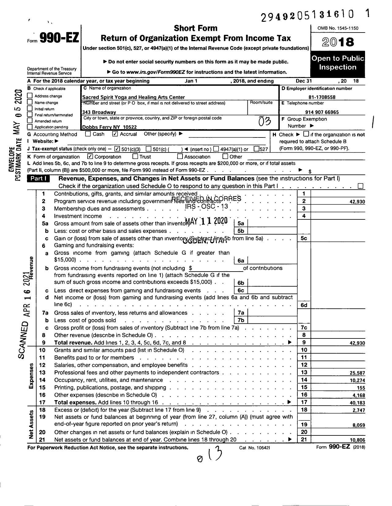 Image of first page of 2018 Form 990EZ for Sacred Spirit Yoga and Healing Arts Center