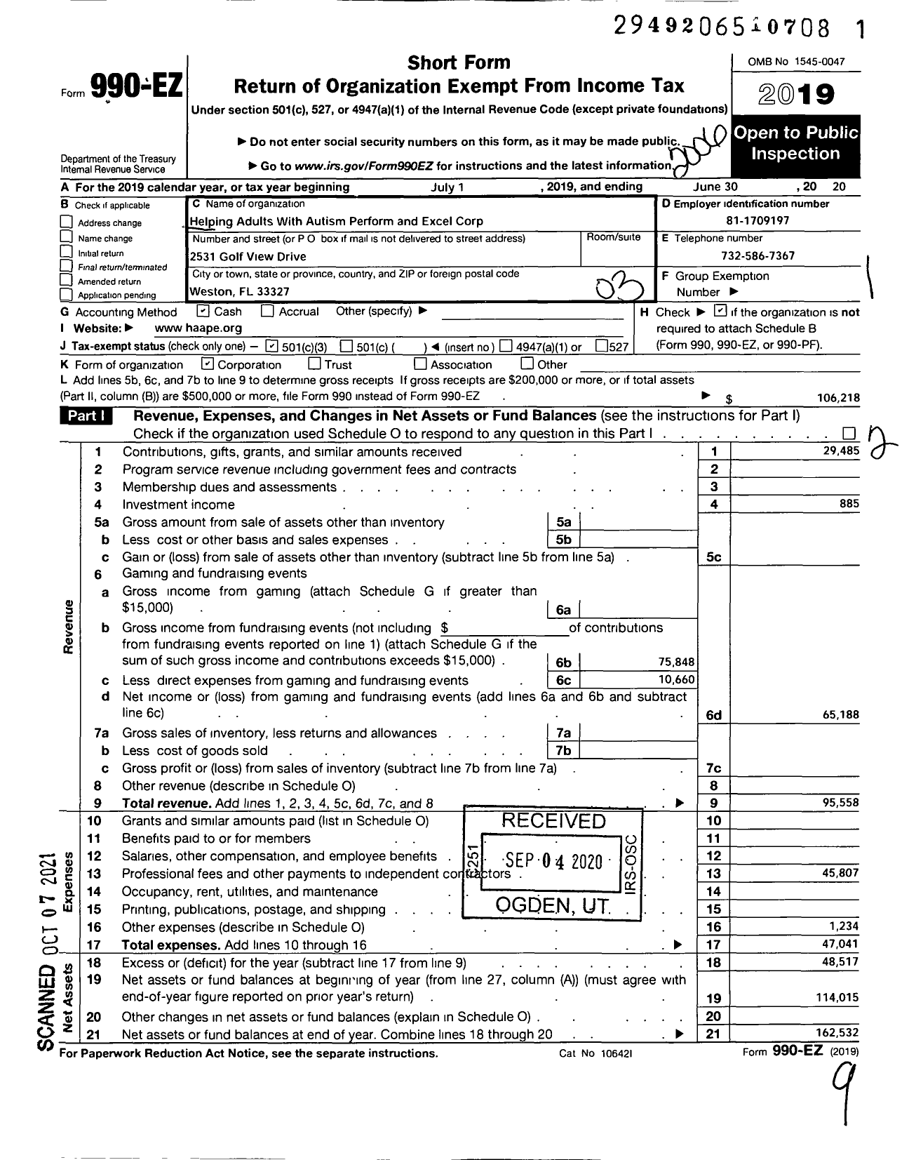 Image of first page of 2019 Form 990EZ for Helping Adults with Autism Perform and Excel Corporation