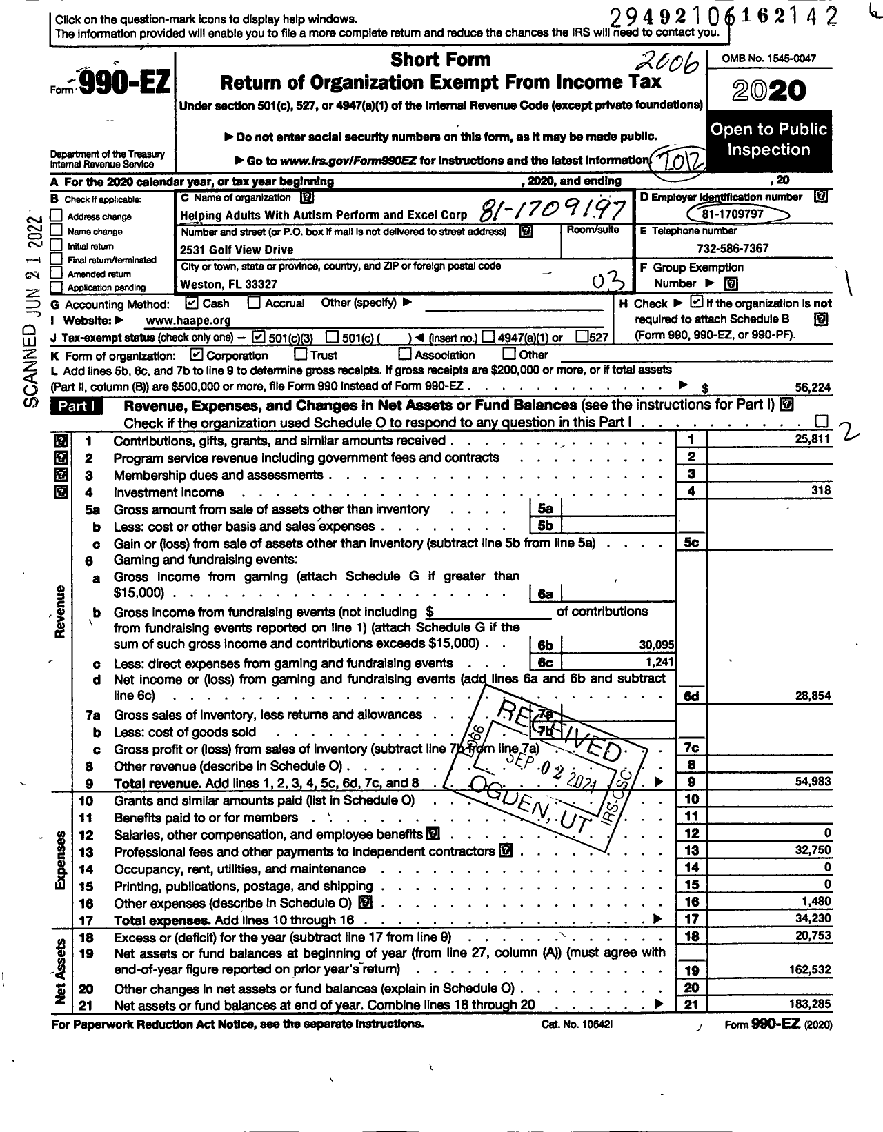 Image of first page of 2020 Form 990EZ for Helping Adults with Autism Perform and Excel Corporation