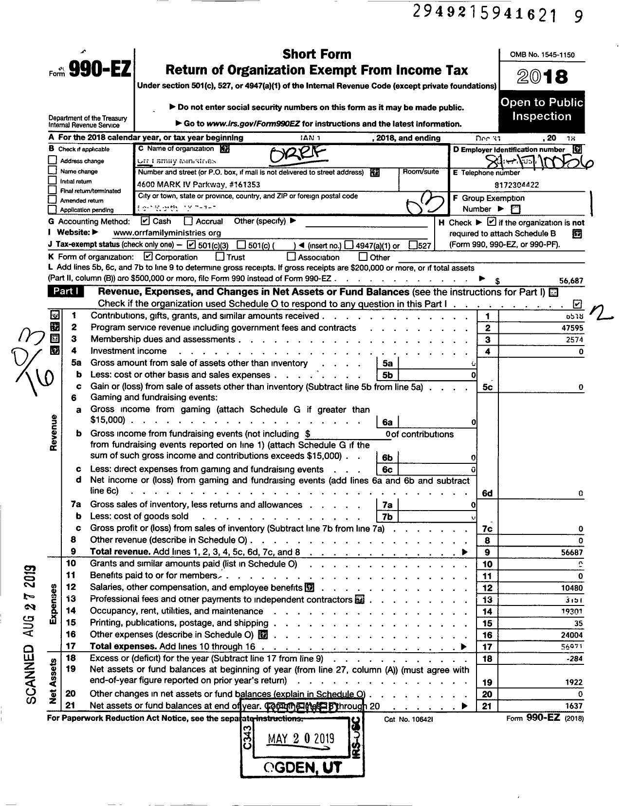 Image of first page of 2018 Form 990EZ for Orr Family Ministries