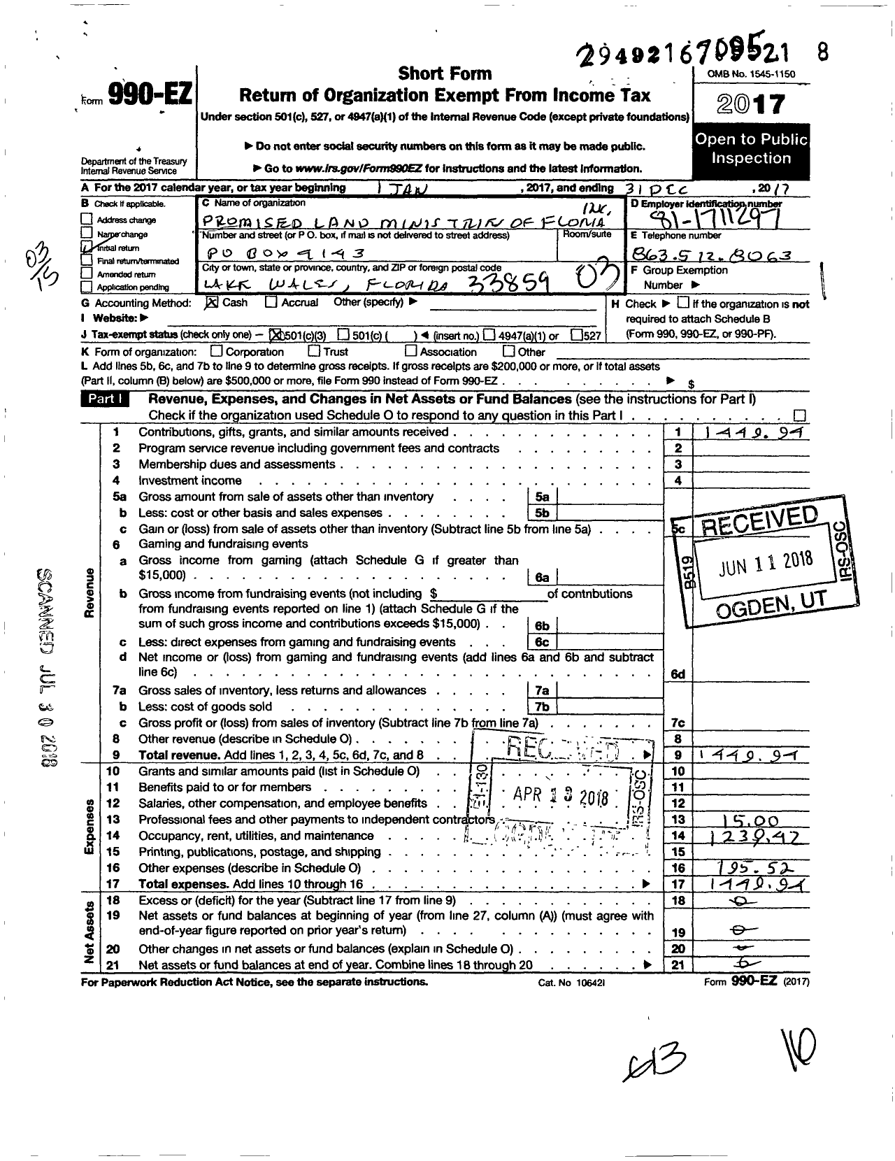 Image of first page of 2017 Form 990EZ for Promised Land Ministries of Florida