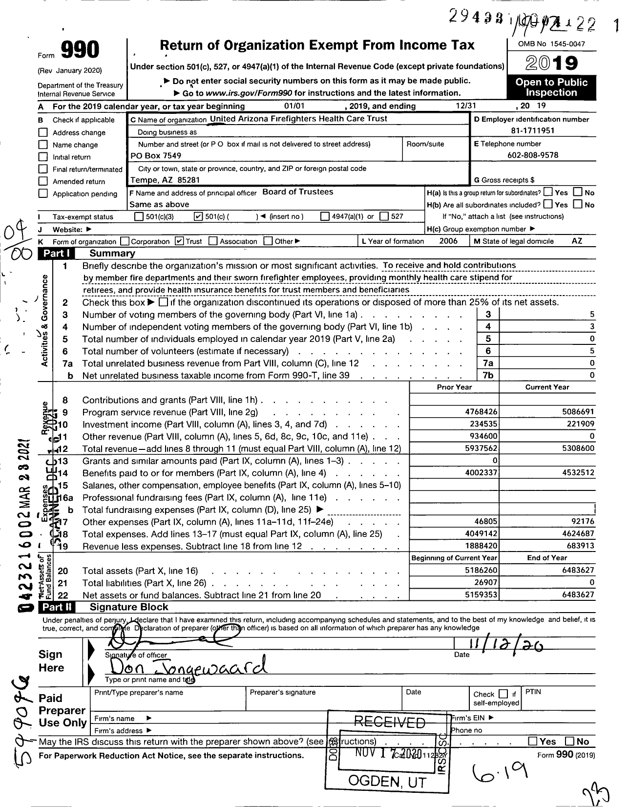 Image of first page of 2019 Form 990O for United Arizona Firefighters Health Care Trust