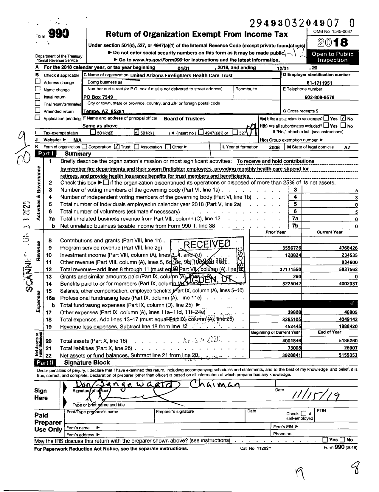 Image of first page of 2018 Form 990O for United Arizona Firefighters Health Care Trust