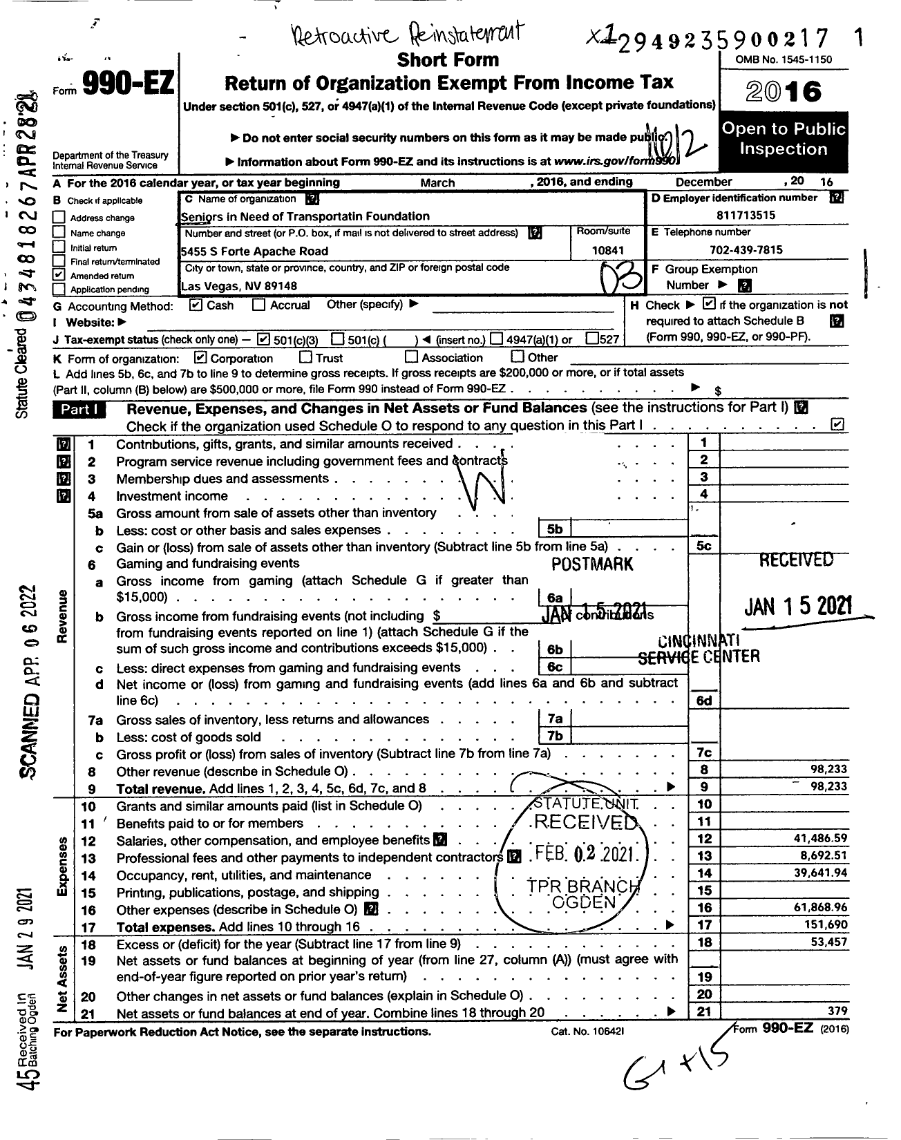 Image of first page of 2016 Form 990EZ for Seniors in Need of Transportation Foundation