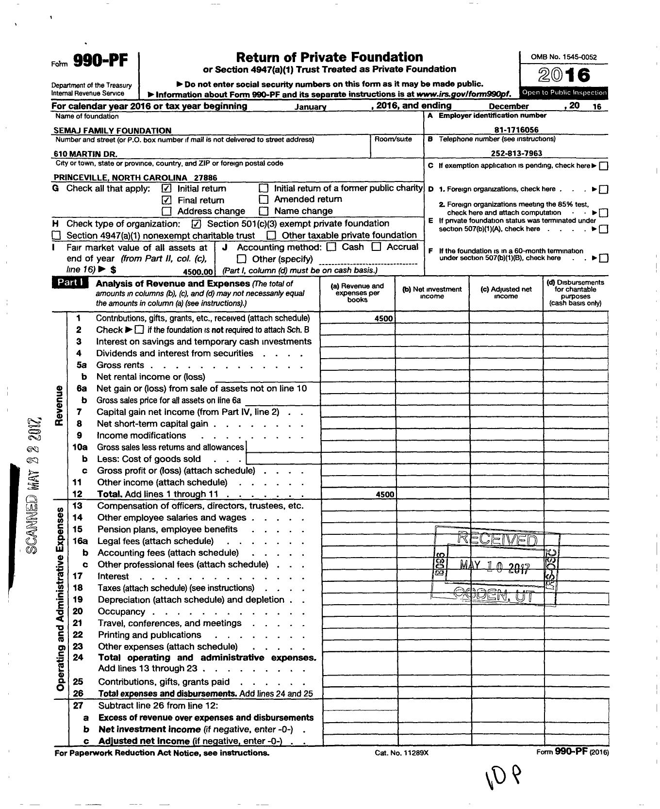 Image of first page of 2016 Form 990PF for Semaj Family Foundation